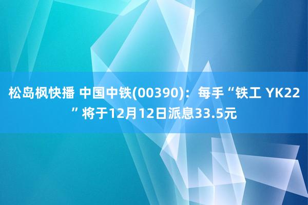 松岛枫快播 中国中铁(00390)：每手“铁工 YK22”将于12月12日派息33.5元