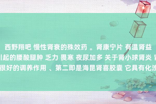 西野翔吧 慢性肾衰的殊效药 。肾康宁片 有温肾益气之功 用于不悦吃亏引起的腰酸腿肿 乏力 畏寒 夜尿加多 关于肾小球肾炎 肾盂肾炎 有很好的调养作用 、第二即是海昆肾喜胶囊 它具有化浊排毒的功效 . 适用于慢性肾功能短少 、